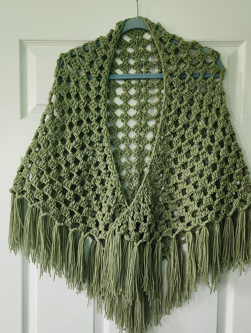Handmade Sage Green Crochet Fringe Shawl